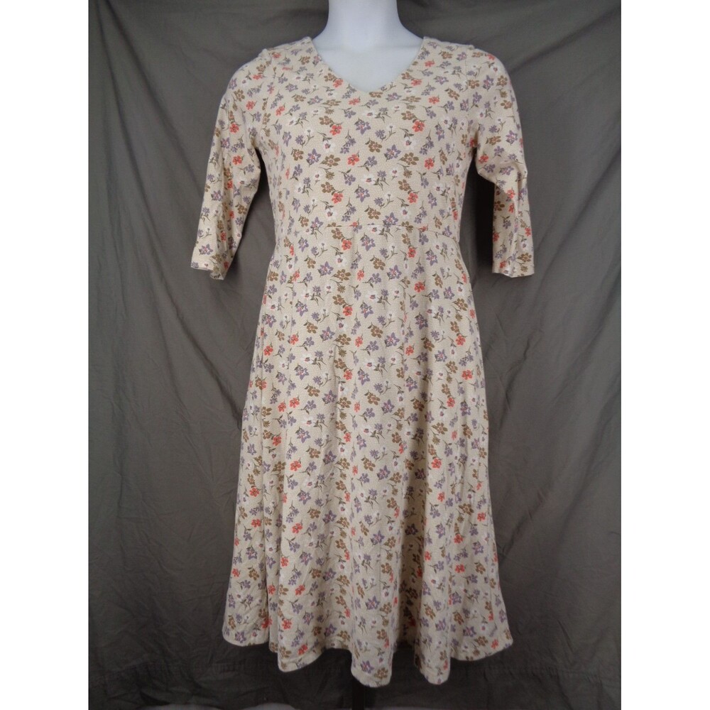 Pact Floral Organic Cotton Fit Flare Dress Size Large V-Neck 3/4 Sleeves